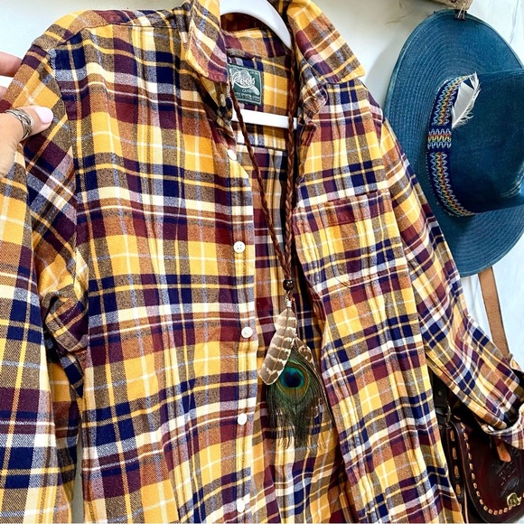 ROOTS plaid flannel boho shirt/cover up w fall harvest thanksgiving cabin vibe - Picture 4 of 14